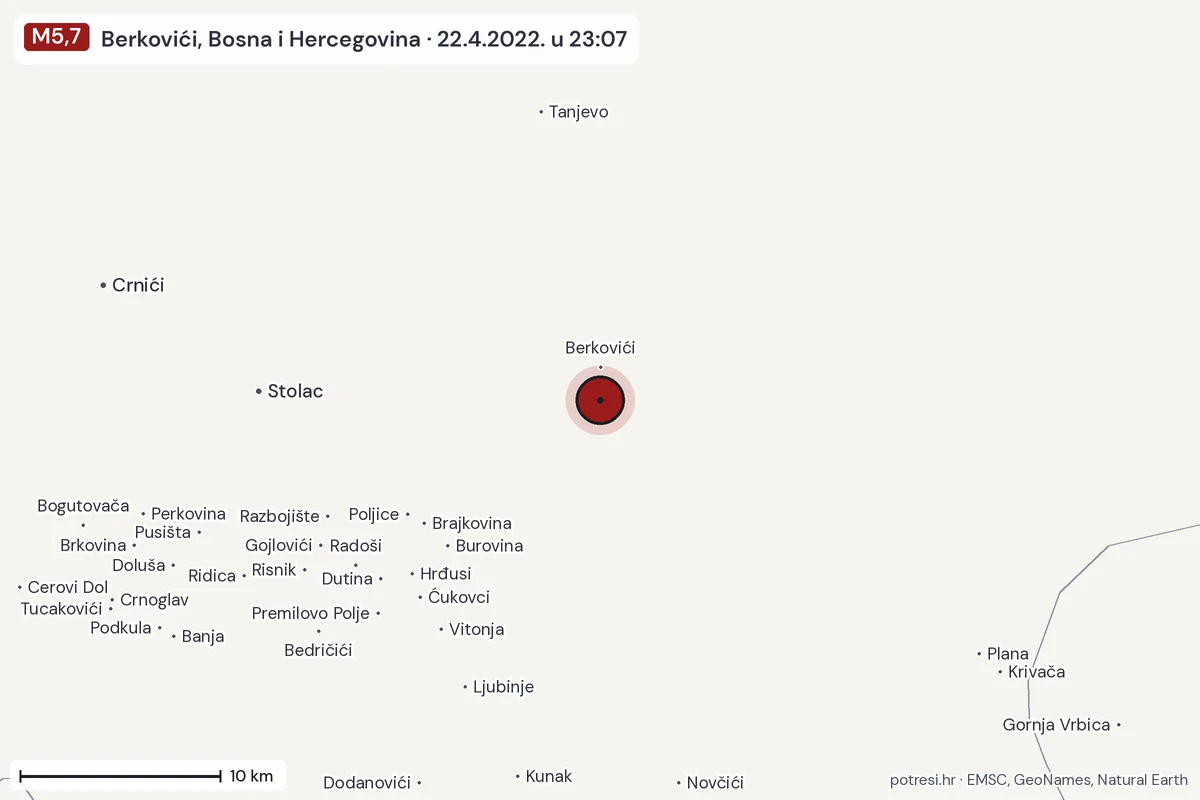 Karta: okolica epicentra, 60 km, potres M5,7, Berkovići, Bosna i Hercegovina, 22.4.2022.