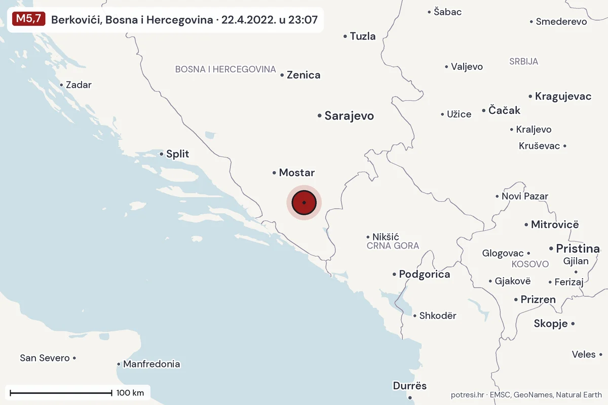Karta: šire područje, 600 km, potres M5,7, Berkovići, Bosna i Hercegovina, 22.4.2022.