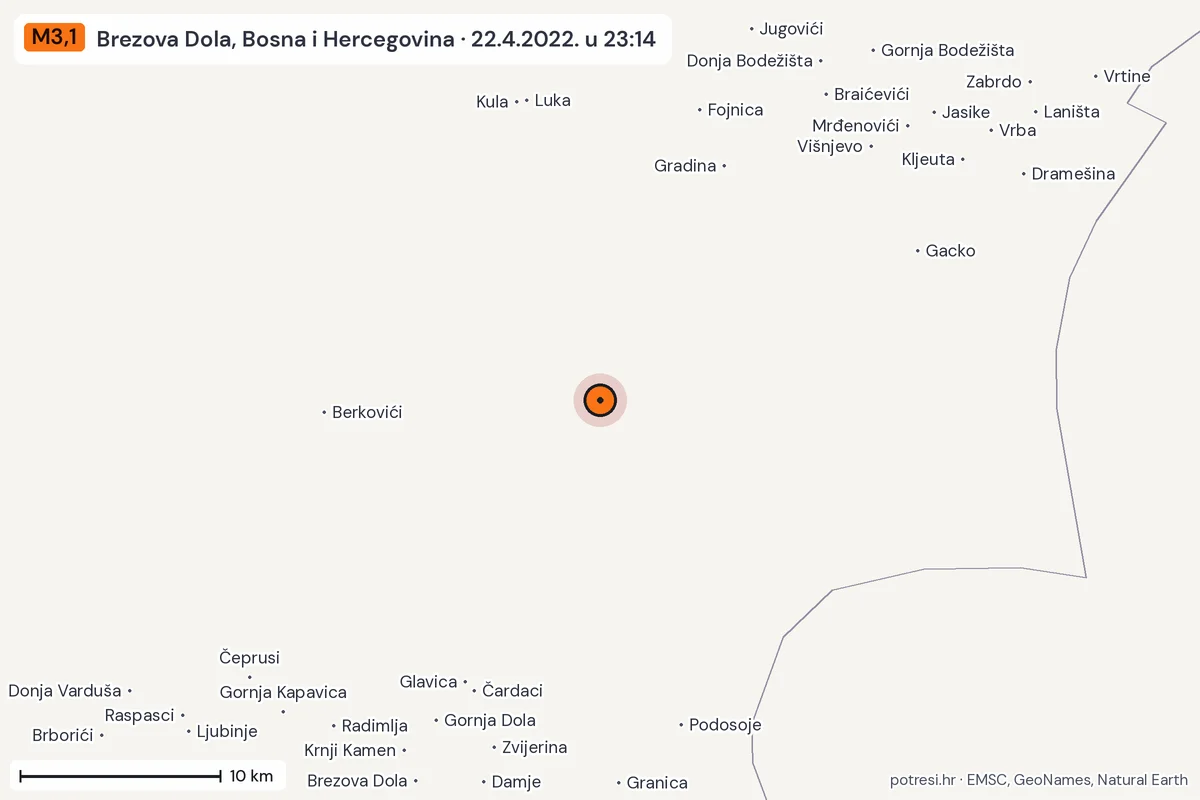 Karta: okolica epicentra, 60 km, potres M3,1, Brezova Dola, Bosna i Hercegovina, 22.4.2022.