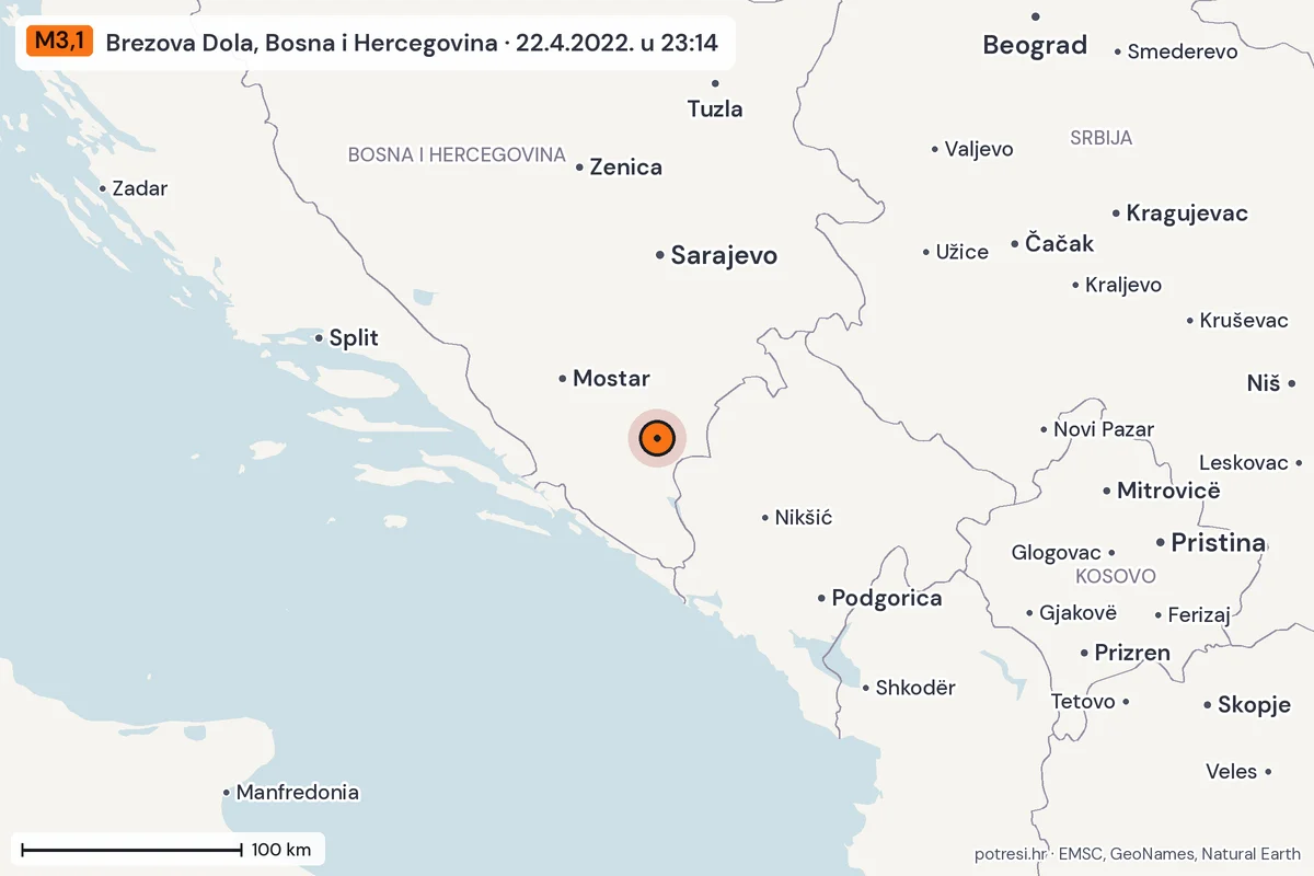 Karta: šire područje, 600 km, potres M3,1, Brezova Dola, Bosna i Hercegovina, 22.4.2022.