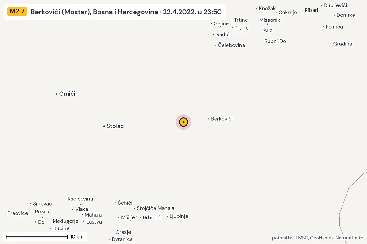 Karta: okolica epicentra, 60 km, potres M2,7, Berkovići (Mostar), Bosna i Hercegovina, 22.4.2022.