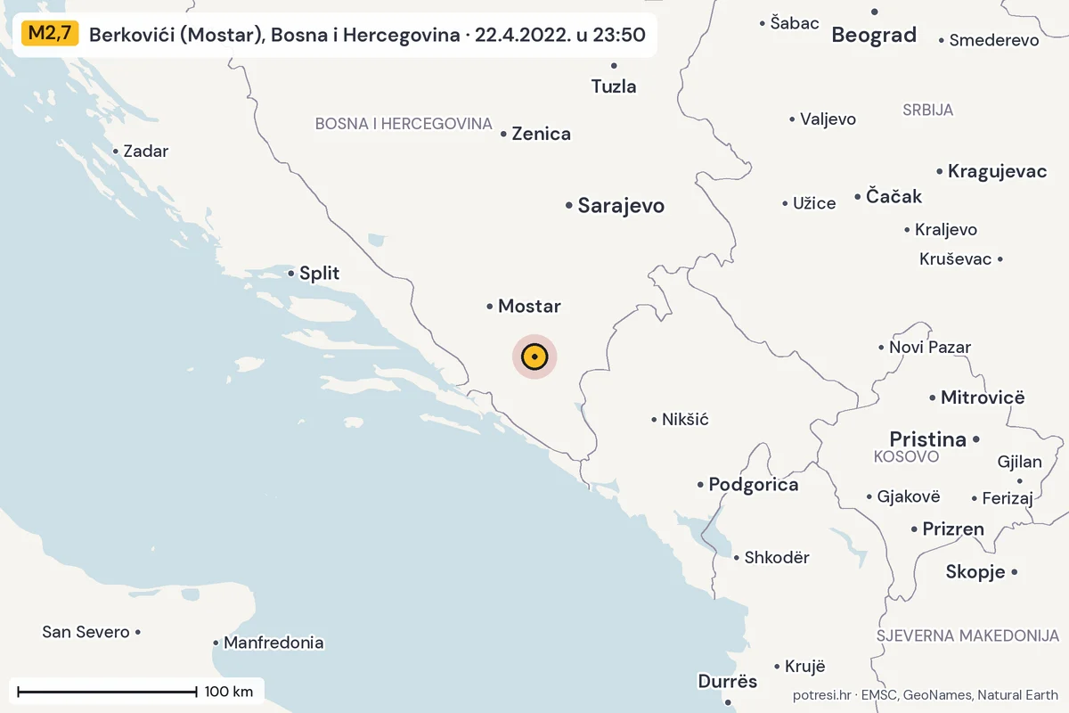 Karta: šire područje, 600 km, potres M2,7, Berkovići (Mostar), Bosna i Hercegovina, 22.4.2022.