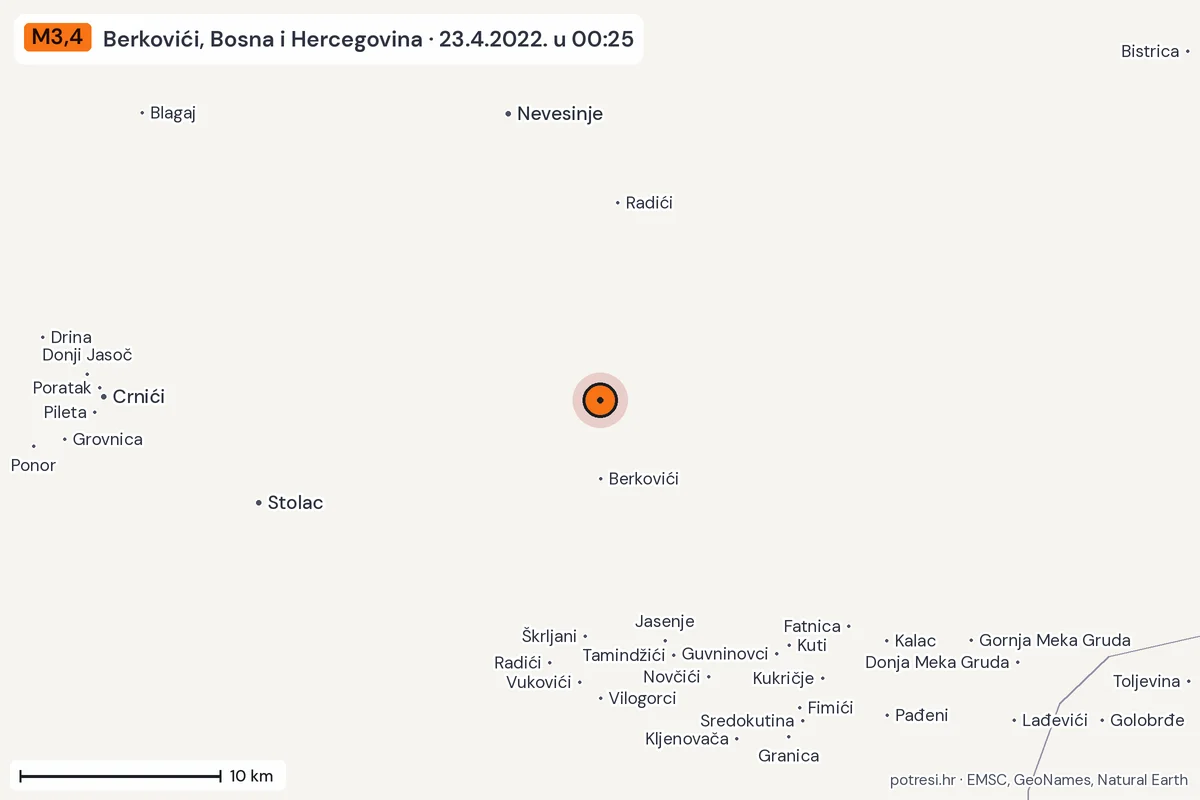 Karta: okolica epicentra, 60 km, potres M3,4, Berkovići, Bosna i Hercegovina, 23.4.2022.