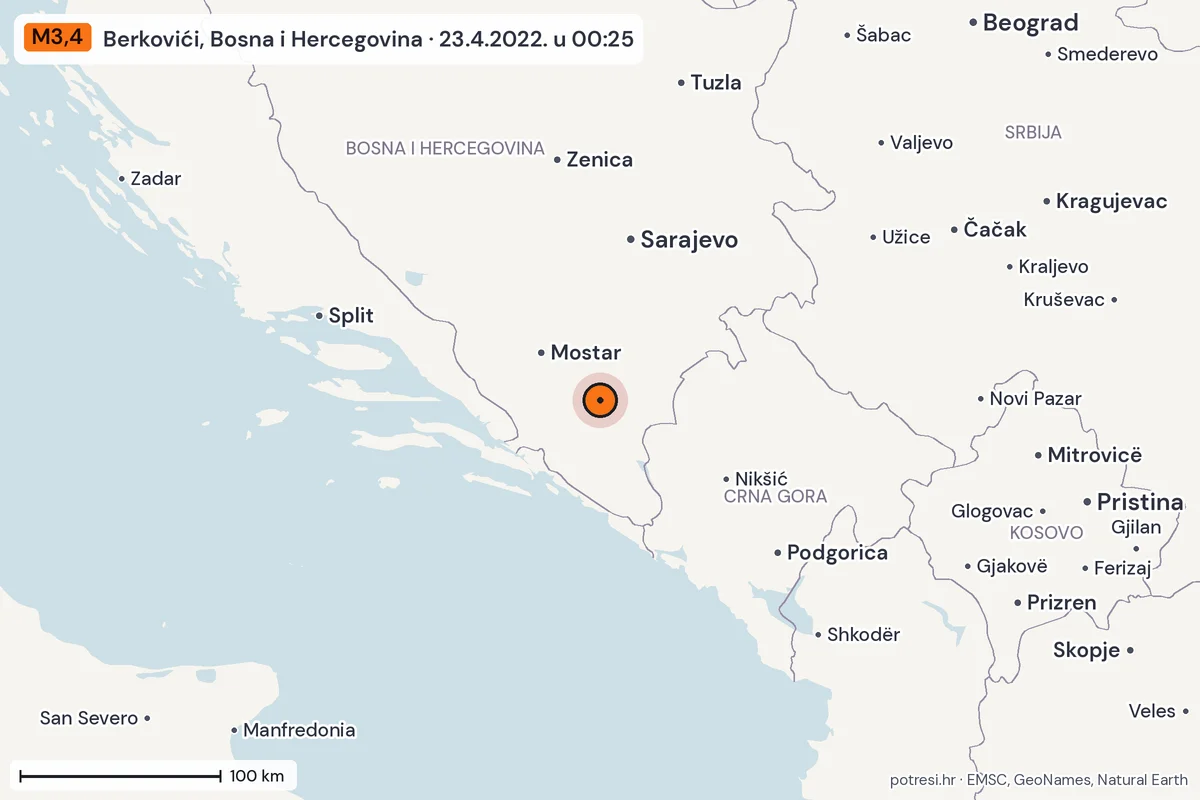 Karta: šire područje, 600 km, potres M3,4, Berkovići, Bosna i Hercegovina, 23.4.2022.