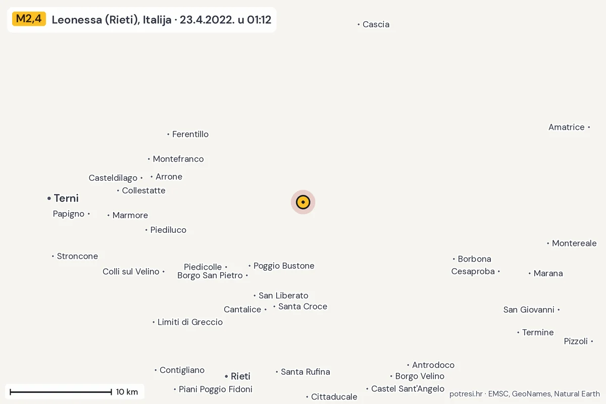 Karta: okolica epicentra, 60 km, potres M2,4, Leonessa (Rieti), Italija, 23.4.2022.