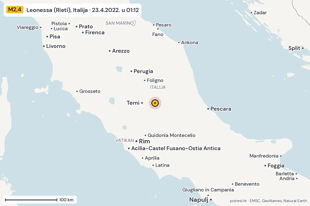Karta: šire područje, 600 km, potres M2,4, Leonessa (Rieti), Italija, 23.4.2022.