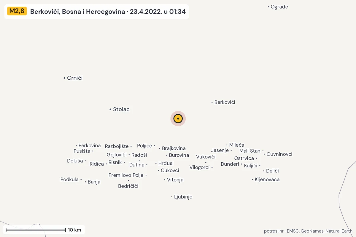 Karta: okolica epicentra, 60 km, potres M2,8, Berkovići, Bosna i Hercegovina, 23.4.2022.
