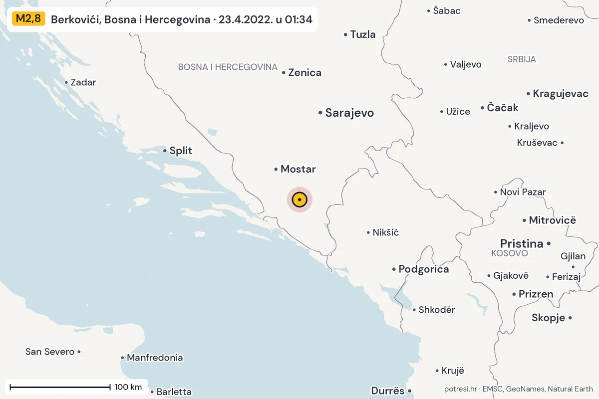 Karta: šire područje, 600 km, potres M2,8, Berkovići, Bosna i Hercegovina, 23.4.2022.