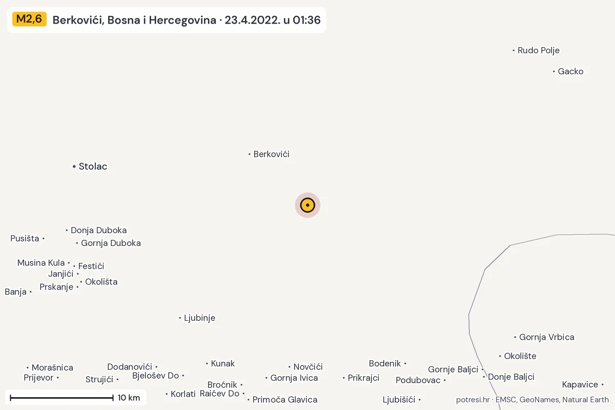 Karta: okolica epicentra, 60 km, potres M2,6, Berkovići, Bosna i Hercegovina, 23.4.2022.