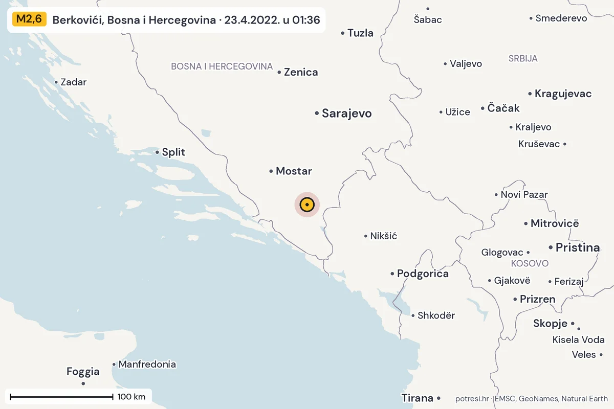Karta: šire područje, 600 km, potres M2,6, Berkovići, Bosna i Hercegovina, 23.4.2022.