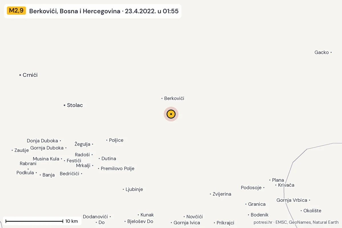 Karta: okolica epicentra, 60 km, potres M2,9, Berkovići, Bosna i Hercegovina, 23.4.2022.