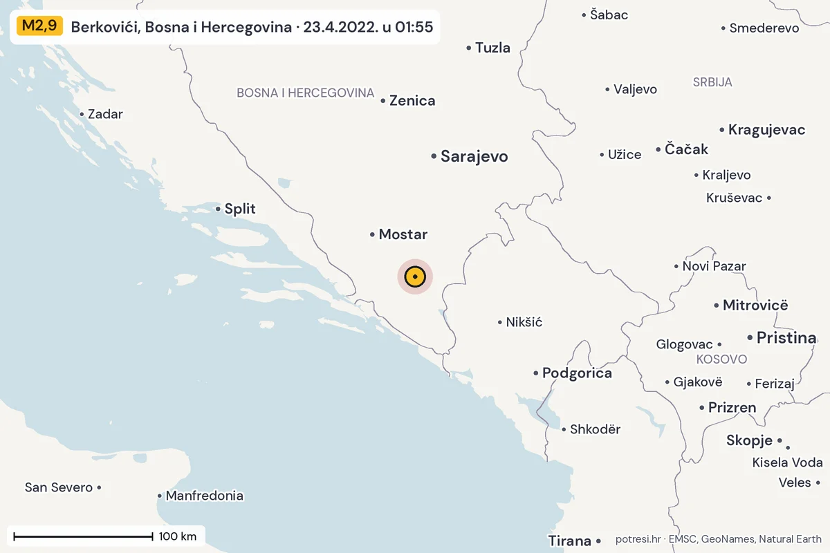 Karta: šire područje, 600 km, potres M2,9, Berkovići, Bosna i Hercegovina, 23.4.2022.