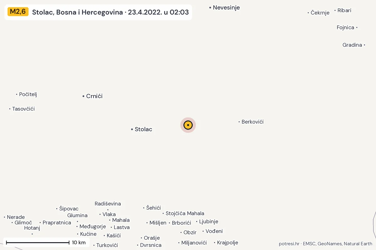 Karta: okolica epicentra, 60 km, potres M2,6, Stolac, Bosna i Hercegovina, 23.4.2022.