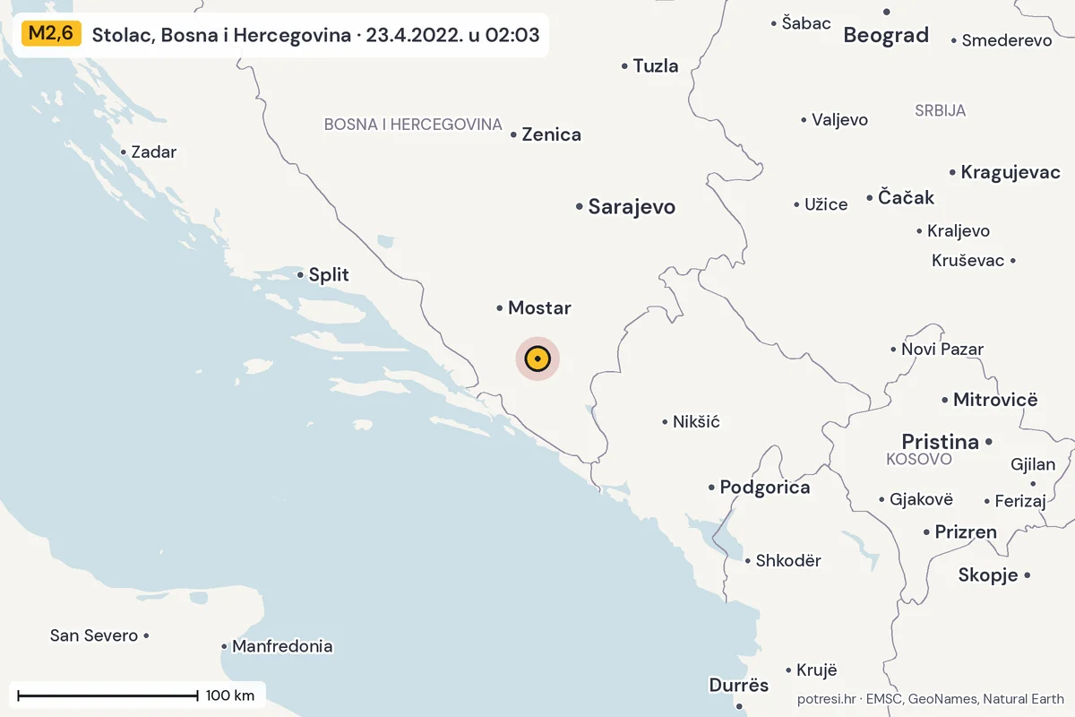 Karta: šire područje, 600 km, potres M2,6, Stolac, Bosna i Hercegovina, 23.4.2022.