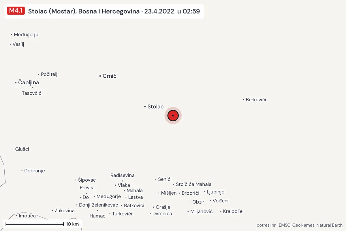 Karta: okolica epicentra, 60 km, potres M4,1, Stolac (Mostar), Bosna i Hercegovina, 23.4.2022.