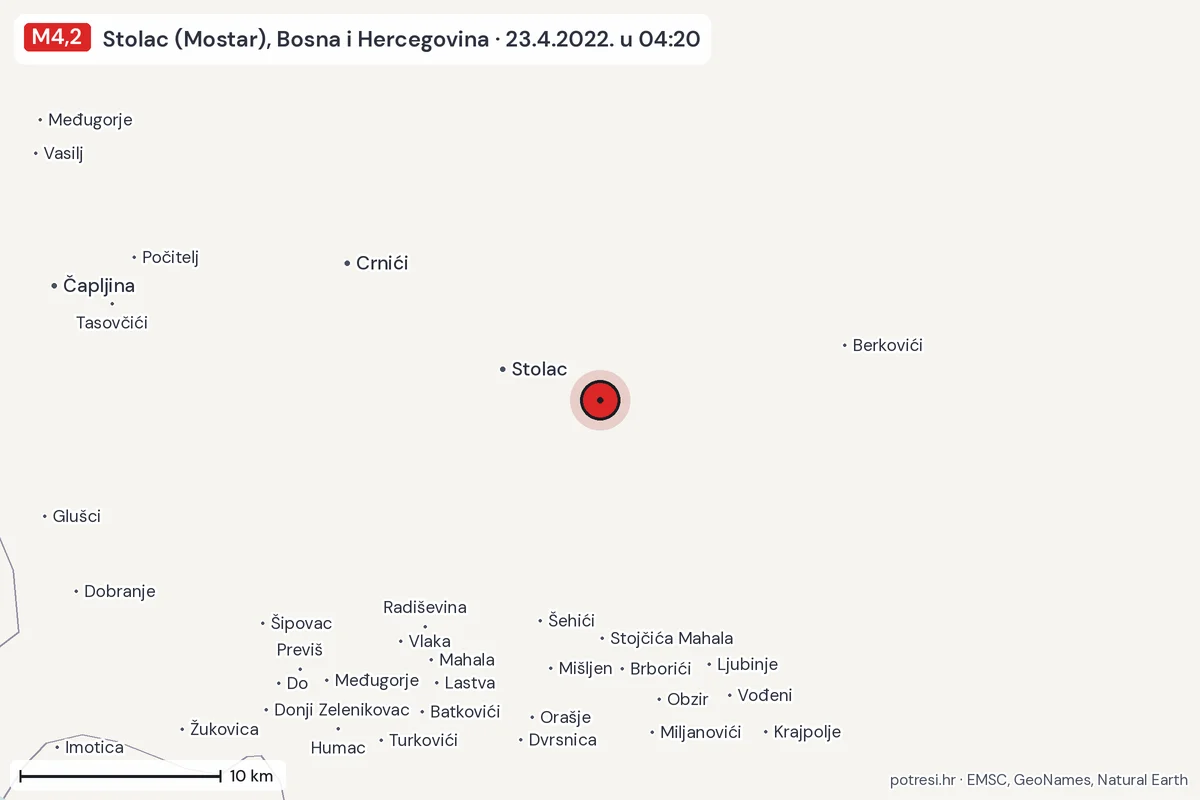 Karta: okolica epicentra, 60 km, potres M4,2, Stolac (Mostar), Bosna i Hercegovina, 23.4.2022.