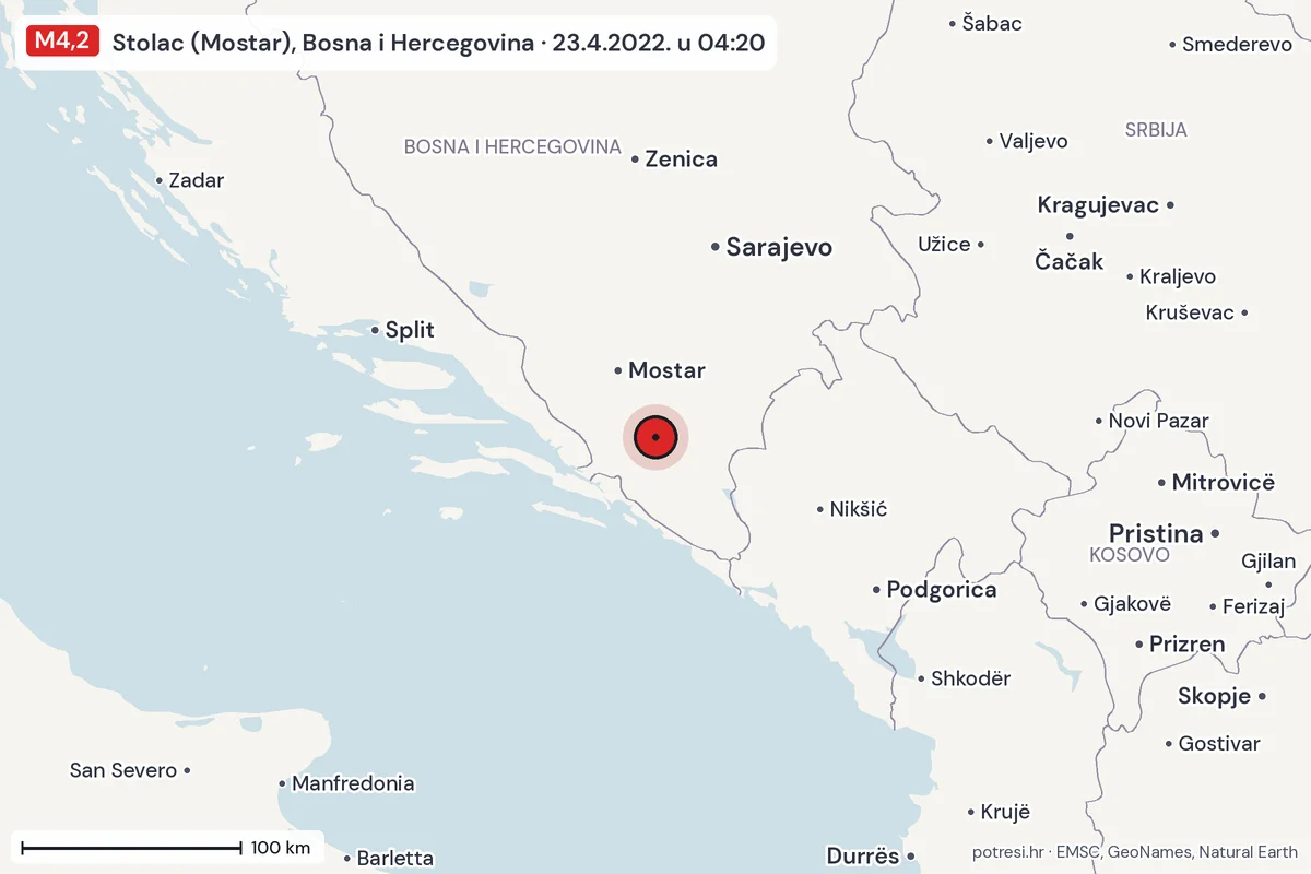 Karta: šire područje, 600 km, potres M4,2, Stolac (Mostar), Bosna i Hercegovina, 23.4.2022.
