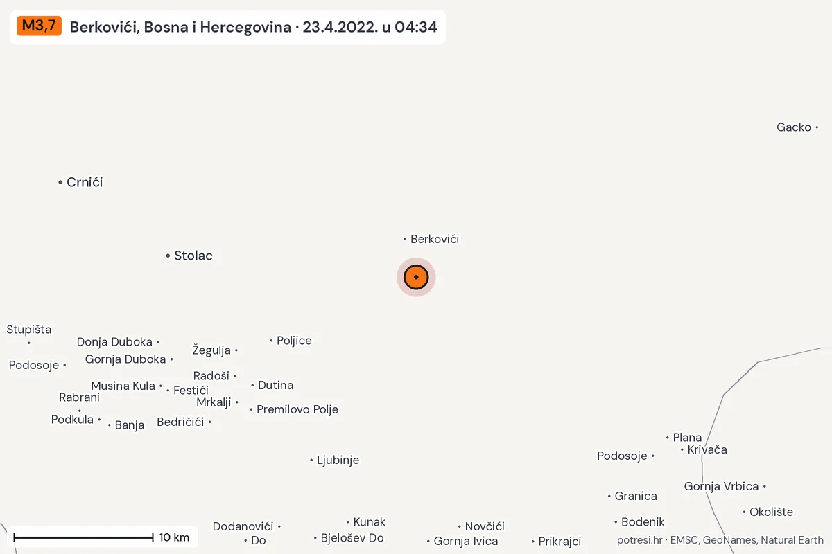 Karta: okolica epicentra, 60 km, potres M3,7, Berkovići, Bosna i Hercegovina, 23.4.2022.