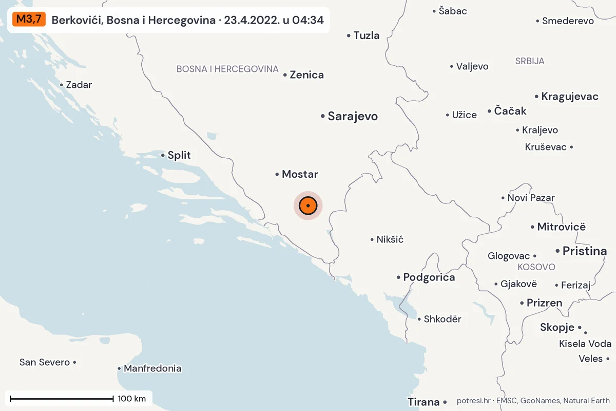 Karta: šire područje, 600 km, potres M3,7, Berkovići, Bosna i Hercegovina, 23.4.2022.
