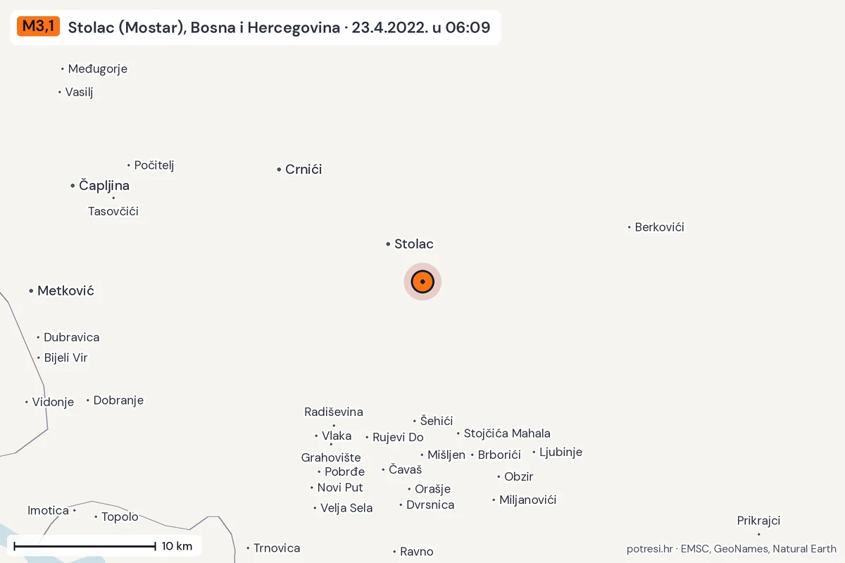 Karta: okolica epicentra, 60 km, potres M3,1, Stolac (Mostar), Bosna i Hercegovina, 23.4.2022.