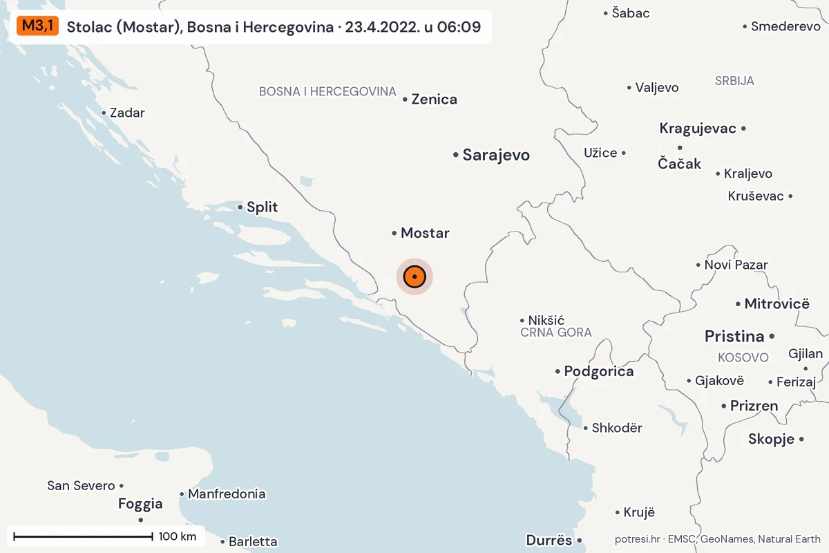 Karta: šire područje, 600 km, potres M3,1, Stolac (Mostar), Bosna i Hercegovina, 23.4.2022.