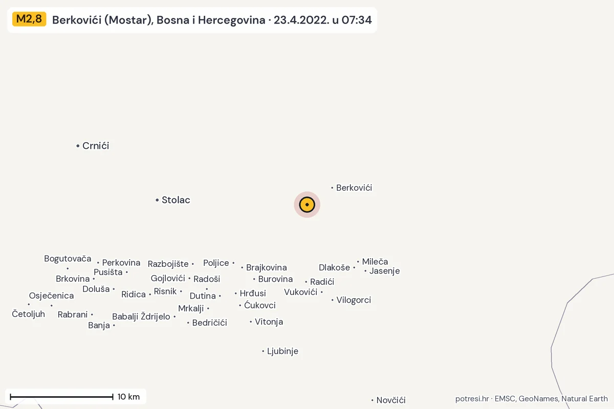 Karta: okolica epicentra, 60 km, potres M2,8, Berkovići (Mostar), Bosna i Hercegovina, 23.4.2022.
