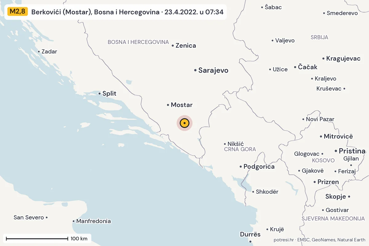Karta: šire područje, 600 km, potres M2,8, Berkovići (Mostar), Bosna i Hercegovina, 23.4.2022.