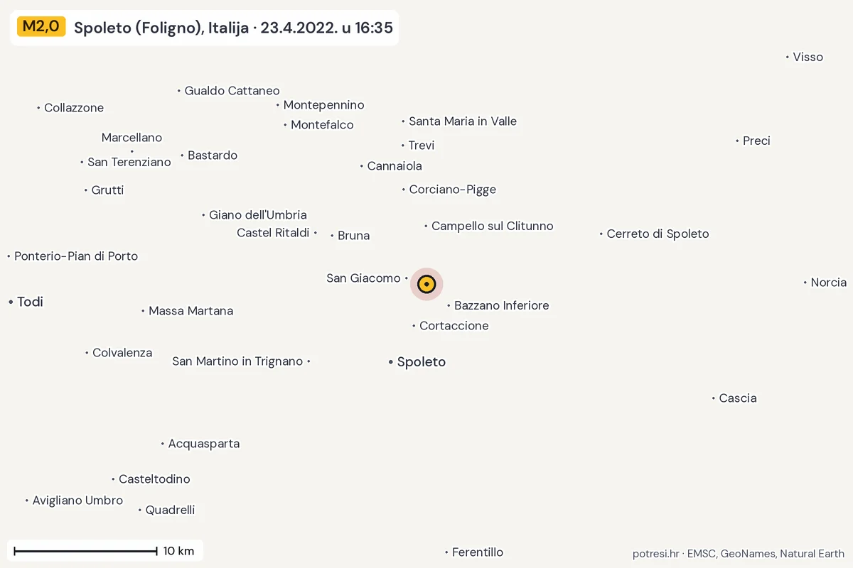 Karta: okolica epicentra, 60 km, potres M2,0, Spoleto (Foligno), Italija, 23.4.2022.