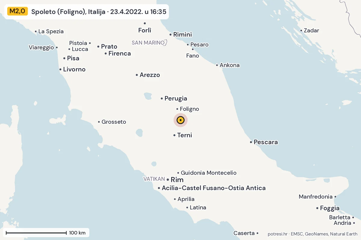 Karta: šire područje, 600 km, potres M2,0, Spoleto (Foligno), Italija, 23.4.2022.