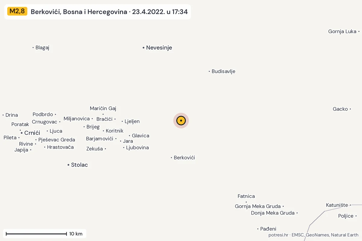 Karta: okolica epicentra, 60 km, potres M2,8, Berkovići, Bosna i Hercegovina, 23.4.2022.