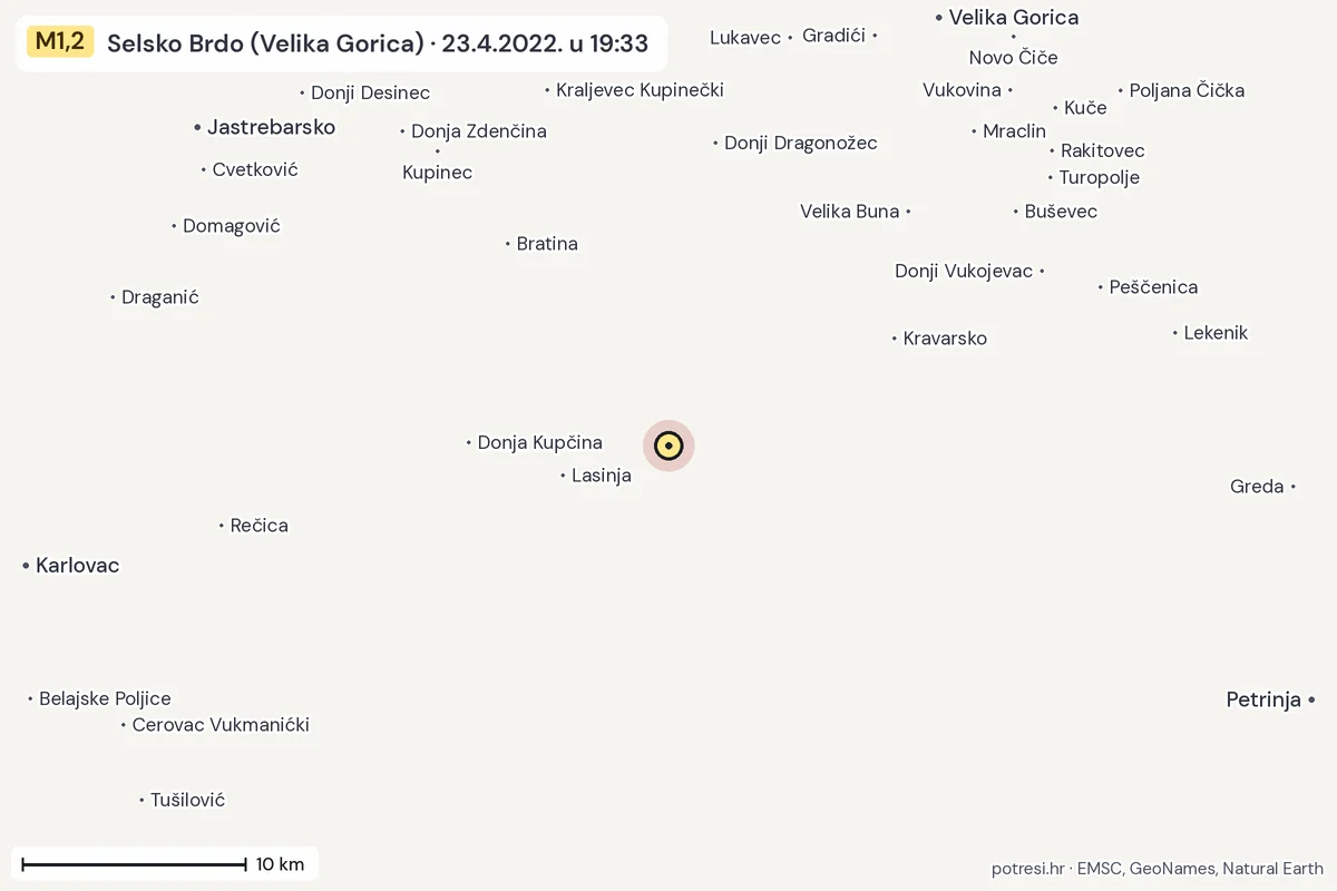 Karta: okolica epicentra, 60 km, potres M1,2, Selsko Brdo (Velika Gorica), 23.4.2022.