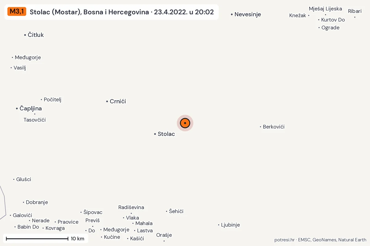 Karta: okolica epicentra, 60 km, potres M3,1, Stolac (Mostar), Bosna i Hercegovina, 23.4.2022.