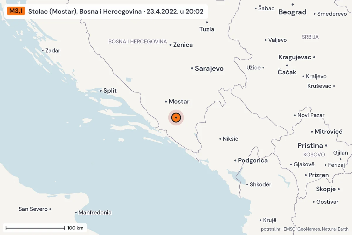 Karta: šire područje, 600 km, potres M3,1, Stolac (Mostar), Bosna i Hercegovina, 23.4.2022.