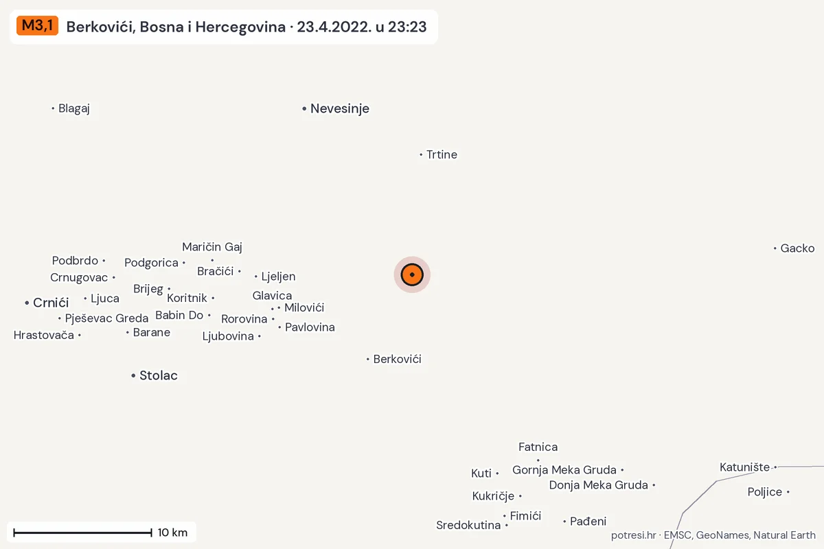 Karta: okolica epicentra, 60 km, potres M3,1, Berkovići, Bosna i Hercegovina, 23.4.2022.