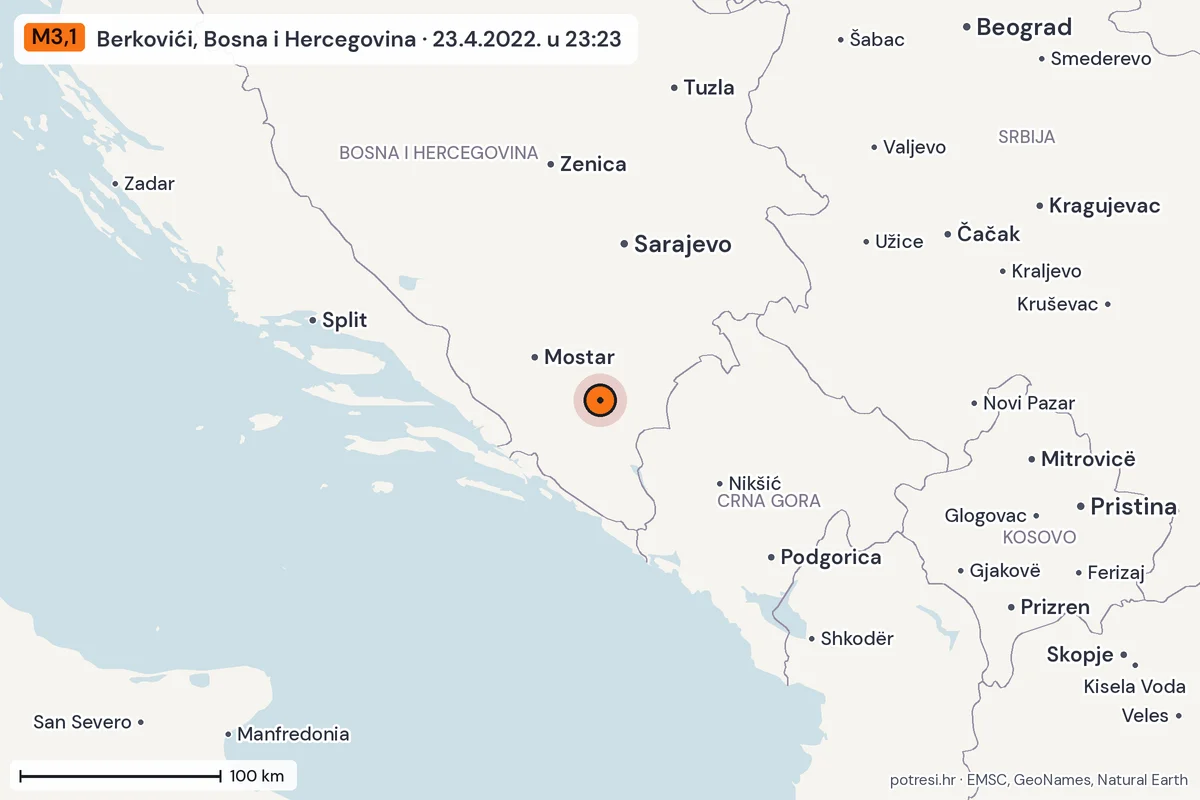 Karta: šire područje, 600 km, potres M3,1, Berkovići, Bosna i Hercegovina, 23.4.2022.