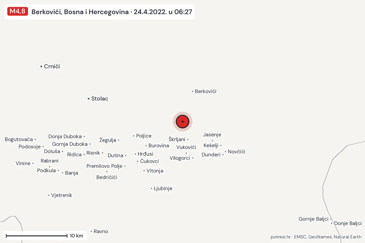 Karta: okolica epicentra, 60 km, potres M4,8, Berkovići, Bosna i Hercegovina, 24.4.2022.