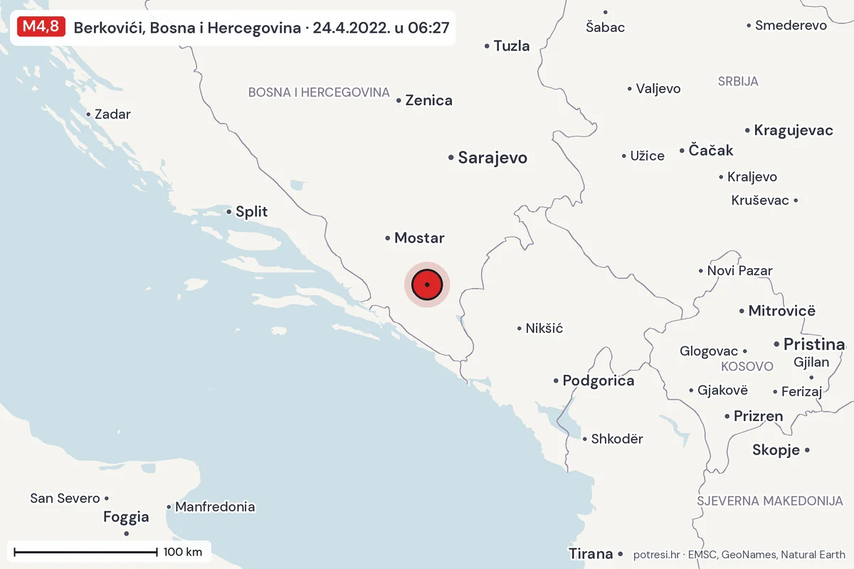 Karta: šire područje, 600 km, potres M4,8, Berkovići, Bosna i Hercegovina, 24.4.2022.
