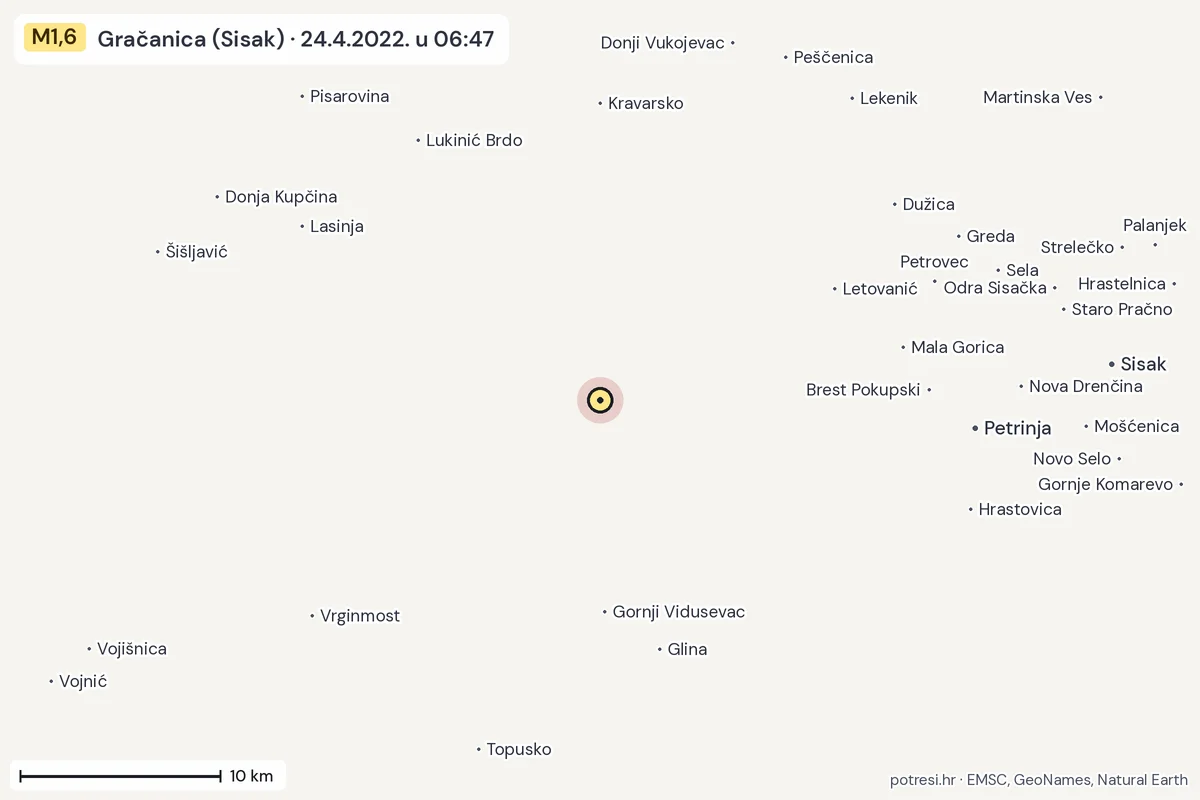 Karta: okolica epicentra, 60 km, potres M1,6, Gračanica (Sisak), 24.4.2022.