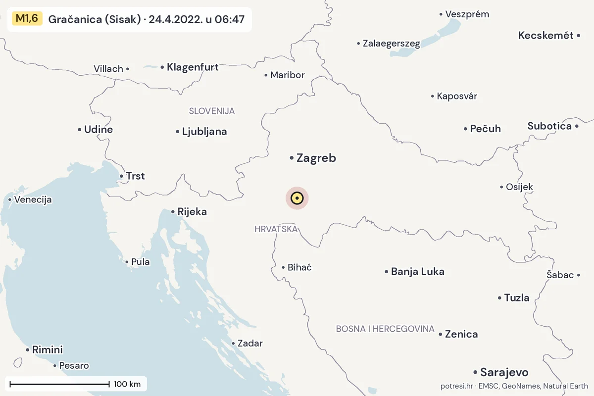 Karta: šire područje, 600 km, potres M1,6, Gračanica (Sisak), 24.4.2022.