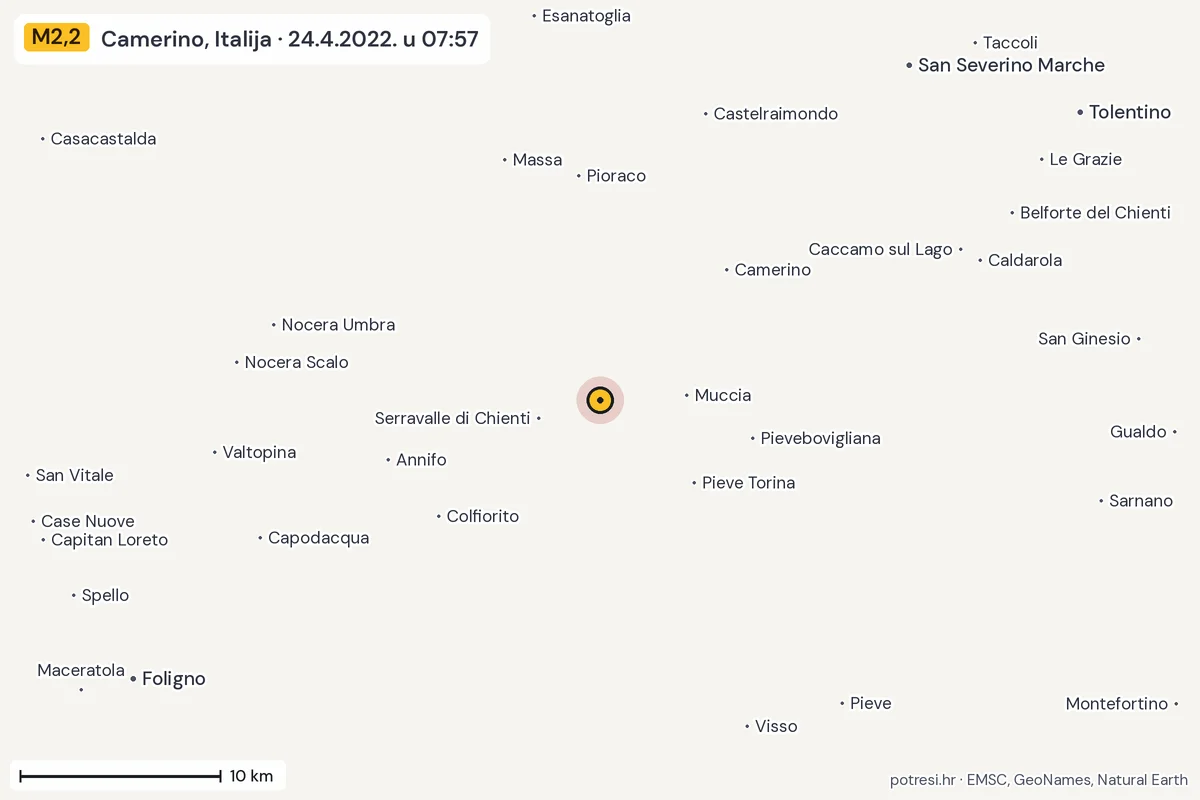 Karta: okolica epicentra, 60 km, potres M2,2, Camerino, Italija, 24.4.2022.