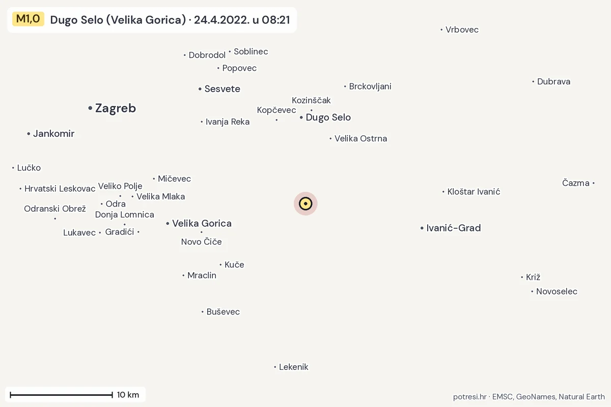 Karta: okolica epicentra, 60 km, potres M1,0, Dugo Selo (Velika Gorica), 24.4.2022.