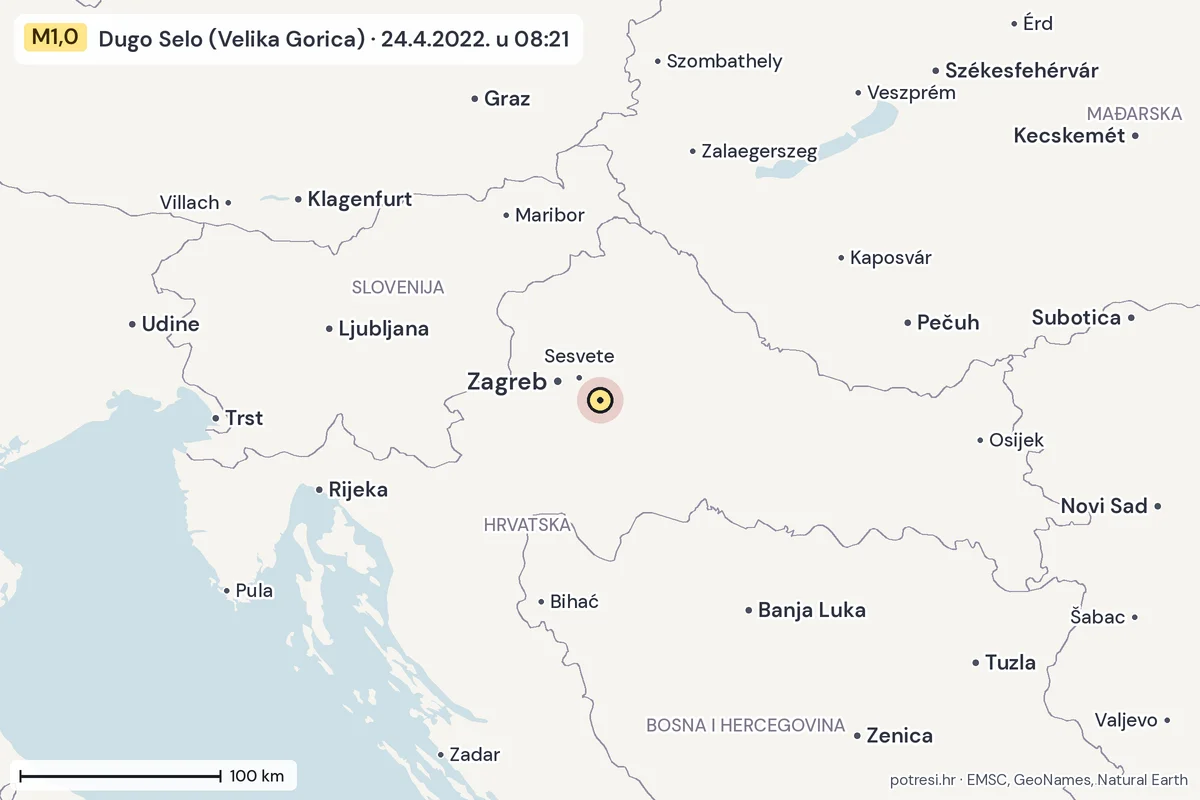 Karta: šire područje, 600 km, potres M1,0, Dugo Selo (Velika Gorica), 24.4.2022.