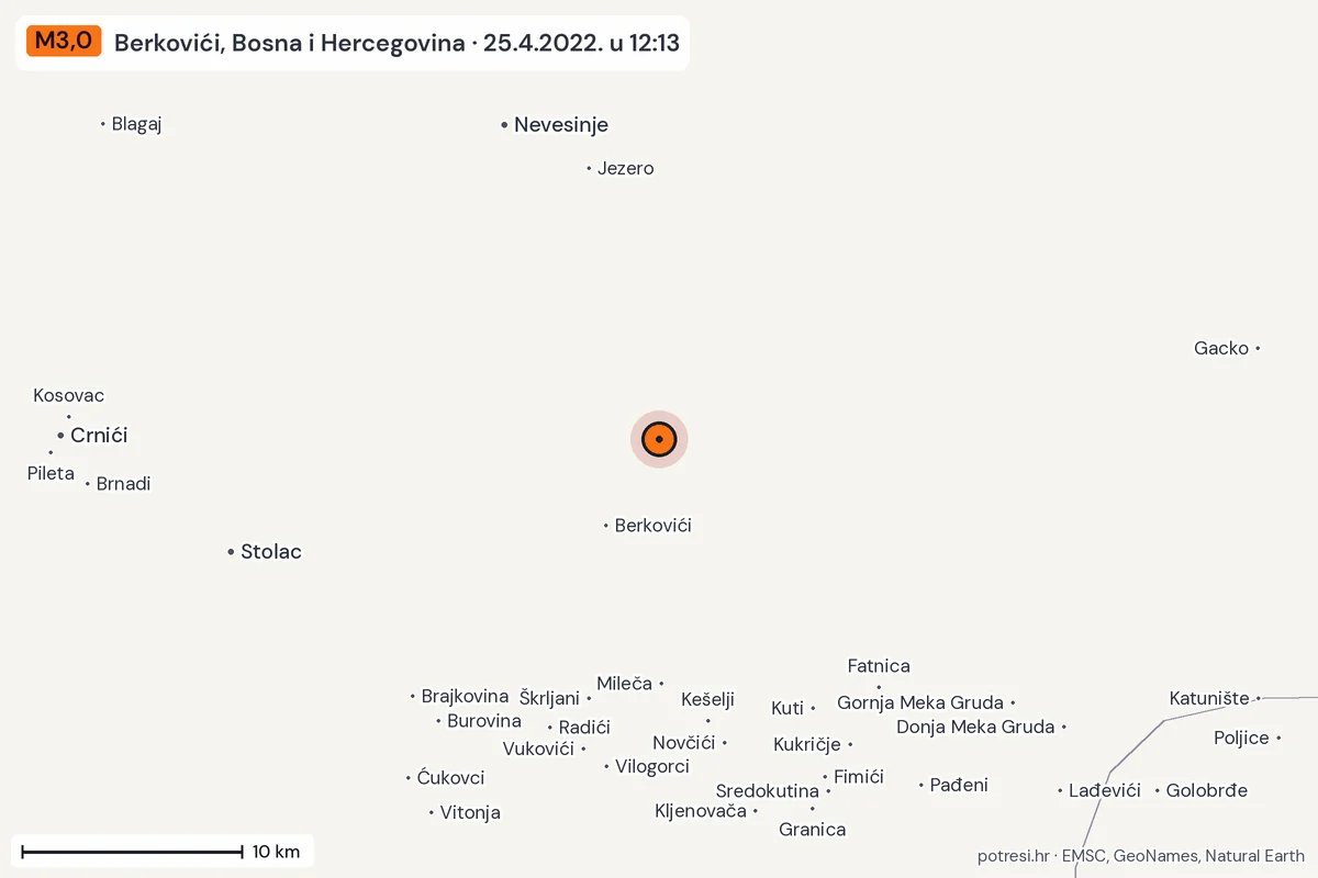 Karta: okolica epicentra, 60 km, potres M3,0, Berkovići, Bosna i Hercegovina, 25.4.2022.