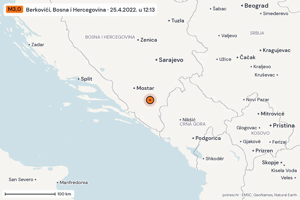 Karta: šire područje, 600 km, potres M3,0, Berkovići, Bosna i Hercegovina, 25.4.2022.