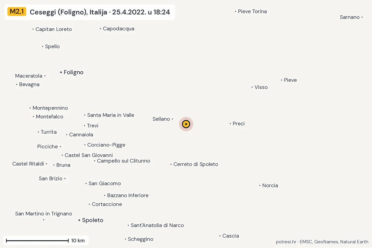 Karta: okolica epicentra, 60 km, potres M2,1, Ceseggi (Foligno), Italija, 25.4.2022.