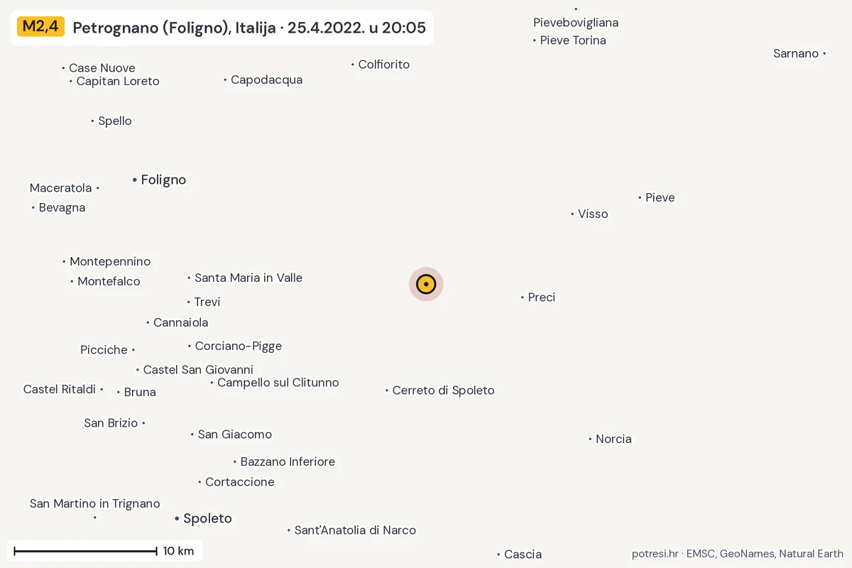 Karta: okolica epicentra, 60 km, potres M2,4, Petrognano (Foligno), Italija, 25.4.2022.
