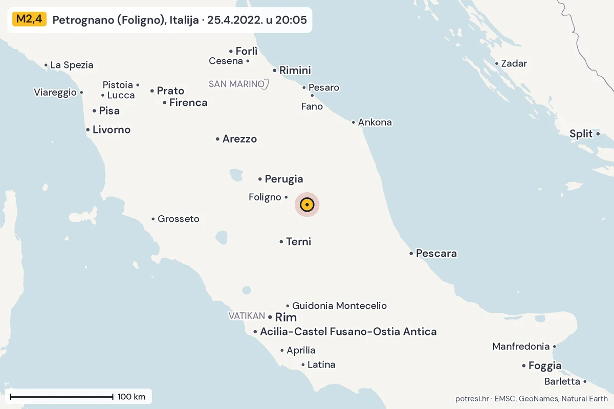 Karta: šire područje, 600 km, potres M2,4, Petrognano (Foligno), Italija, 25.4.2022.