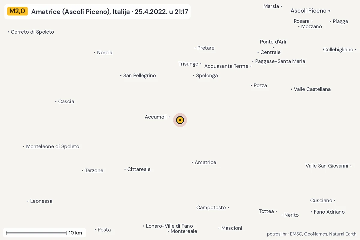 Karta: okolica epicentra, 60 km, potres M2,0, Amatrice (Ascoli Piceno), Italija, 25.4.2022.