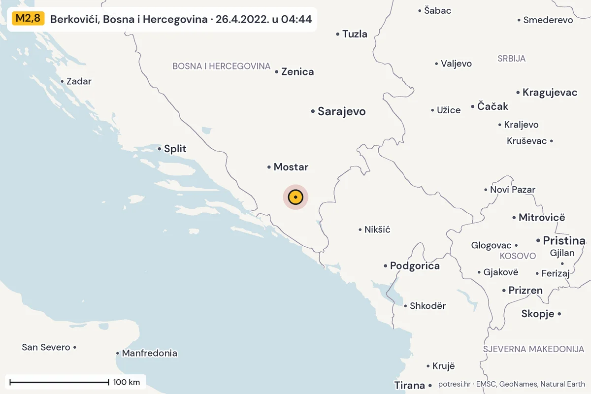 Karta: šire područje, 600 km, potres M2,8, Berkovići, Bosna i Hercegovina, 26.4.2022.