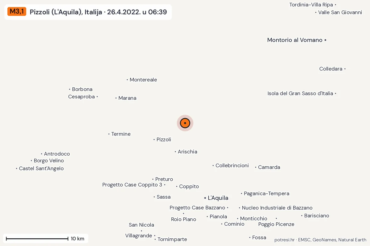 Karta: okolica epicentra, 60 km, potres M3,1, Pizzoli (L'Aquila), Italija, 26.4.2022.
